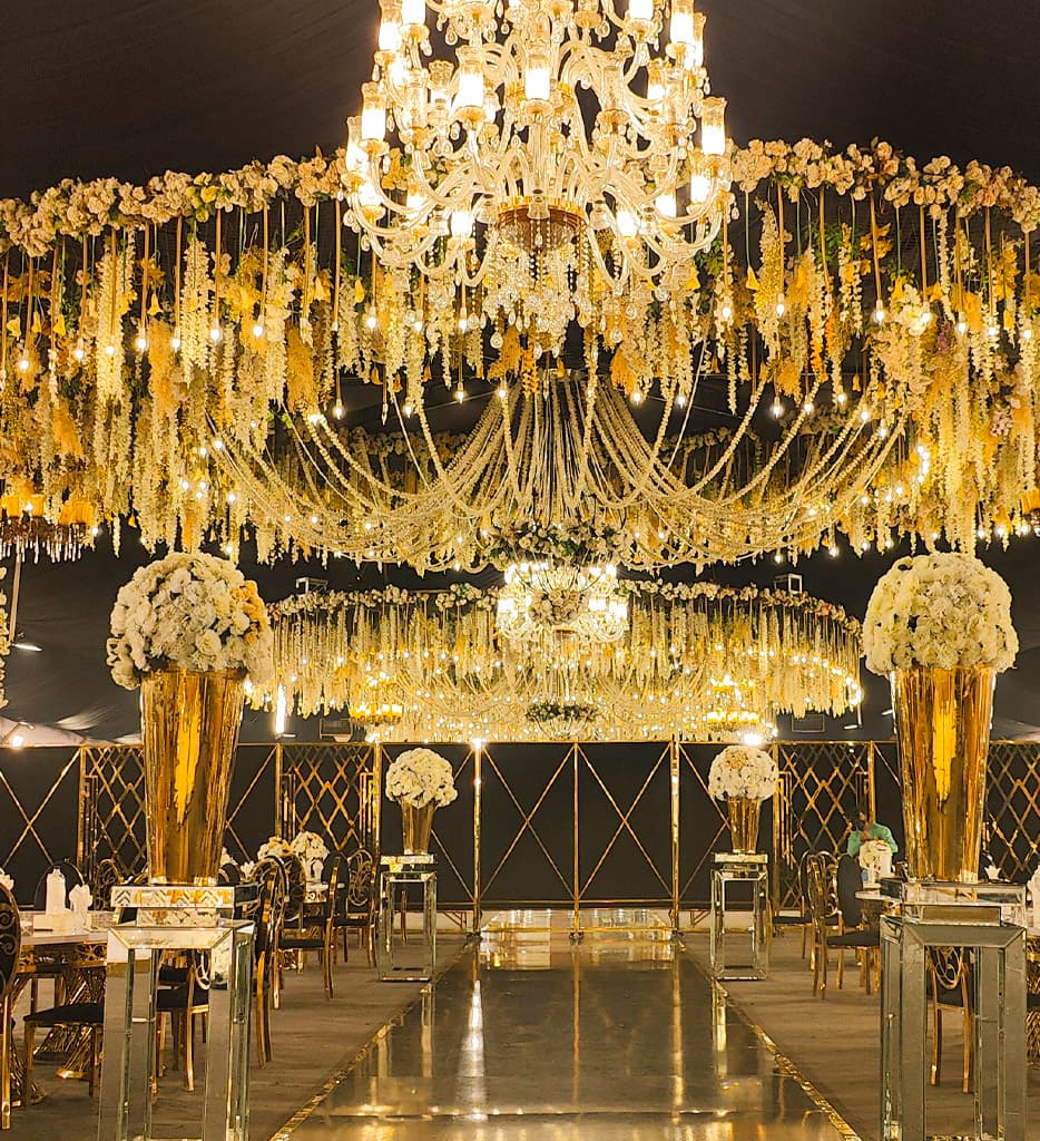Elegant event venue with chandeliers